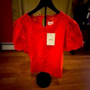 Bohme Red Puff Sleeve Lace Trim Top